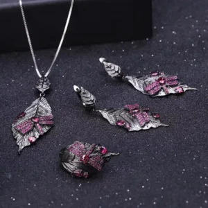 RENSINO Black Leaf Butterfly Earrings Ring Pendant Necklace Natural Rhodolite Garnet Sterling Silver 925 Jewelry Sets
