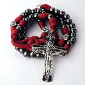 RENSINO Black Metal Beads with Jerusalem Cross Shield Beads Rugged Paracord Rosary Catholic Necklace Large Zinc Alloy Men’s