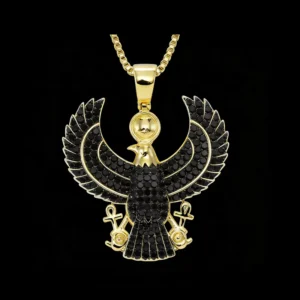 RENSINO Black Zircon Paved Egyptian Symbol Jewelry 925 Sterling Silver Gold Plated Horus Eagle Pendant for Men Daily Wear