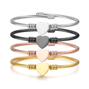 RENSINO Blank Heart Charm Twisted Cable Wire Cuff Bangle Stainless Steel PVD Gold Custom Laser Engraving Bracelet