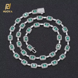 RENSINO Bling Baguette Diamond Link Chain Silver Plated Brass Micro Pave Emerald Zircon Chain Necklace For Women Jewelry