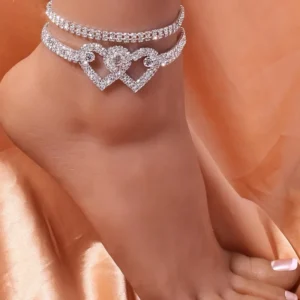 RENSINO Bling Double Heart Anklet for Women Crystal Chain on the Leg Summer Beach Ankle Bracelet Wedding Foot Jewelry