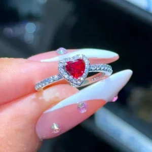 RENSINO Bling Princess Rings Jewelry Silver Plated Red Stone Promise Heart Rings for Women