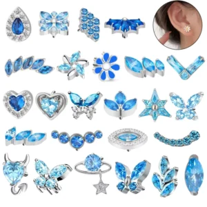 RENSINO Blue Earrings Jewelry Women Cute Fashion Stud Earrings Body Piercing Titanium Labret Zircon Nose Ring Jewelry