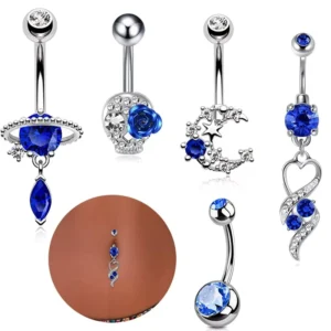 RENSINO Blue Series Navel Ring Skull Diamond Navel Button Stainless Steel Planet Pendant Navel Nail Fashion Belly Decoration