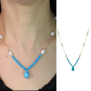 RENSINO Blue Stone Bohemian Style Bead Freshwater Pearl Necklace for Women Gold Plated Silver