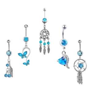 RENSINO Blue Turquoise Feather butterfly Belly Piercing Stainless Steel for Women Fashion Jewelry Belly Ring Set