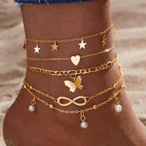 RENSINO Bohemia Gold Plated Zinc Alloy Chain Ankle Bracelet Leg Foot Jewelry Beads Key Charm Anklet Set Women Accessories Gift