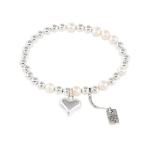 RENSINO Bohemia Style Heart Charm Freshwater Round Pearl Silver Plating Beaded Elastic Bracelet