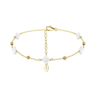 RENSINO Bohemian Design 14K Gold Plated White Shell Four-leaf Clover Pearl Anklet Women 925 Sterling Silver Anklet