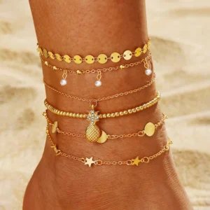 RENSINO Bohemian Gold Plated Anklets Women Fashion Heart Butterfly Star Multi Layer Bracelet Sets Summer Beach Ankle Foot Chain Jewelry