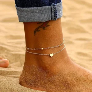 RENSINO Bohemian Style Love Anklet Double Simple Silver Jewelry with Gold Plating