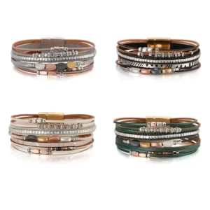 RENSINO Bohemian Style Multi Layer PU Leather Ladies’ Bracelet Small Leaf Accessories Silver Bead String Magnetic Clasp Gift