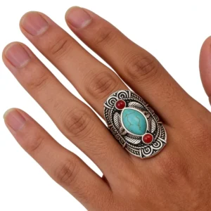 RENSINO Bohemian Style Tibet Silver Design Red Turquoise Gem Stone Big Beachy Boho Joint Rings for Women