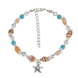 RENSINO Bohemian Summer Beach Anklet for Women Rare Foot Conch Turquoise Beaded Jewelry Ocean Silver Starfish Alloy Charm Gift