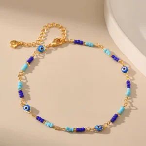 RENSINO Boho Ethnic Style 18k Gold Beaded Anklet Seed Bead Chain Vintage Eye Fashion Jewelry Anklets