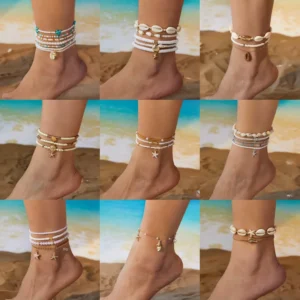 RENSINO Boho Pearl Starfish Anklet Bracelet Alloy Beaded Chain Beach Jewelry Ankle Chain For Women Summer Travel Gift