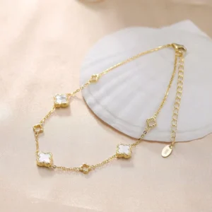 RENSINO Boho Summer Beach Foot Chain Jewelry 925 Sterling Silver Shell Pearl Four Leaf Clover Ankle Classic for Women