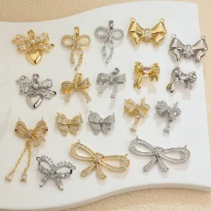RENSINO Bow Knot Pendant 18K Gold Silver Plated Brass Charm with Zircon or Pearl Decoration for Necklace Jewelry