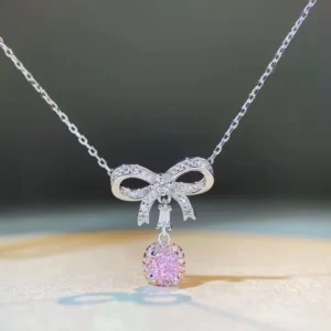 RENSINO Bow shaped Design Women Fine Jewelry Pink Yellow Zircon 925 Sterling Silver Gemstone Pendant&charm Necklace for Women