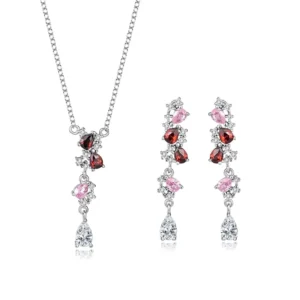 RENSINO Bride’s Simple Zircon Set Chain S925 Sterling Silver Necklace Ear Stud Set As a Valentine’s Day Gift for Girlfriend