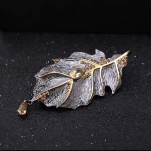 RENSINO Brooch Pendant Natural Citrine 925 Sterling Silver Handmade Leaf Pendant Pin Brooches Women