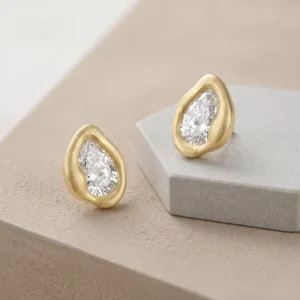 RENSINO Brushed French style 925 Silver Statement Jewelry Women 18k Gold Plated Twisted Water Drop 8*12mm Oval Moissanite Stud Earrings