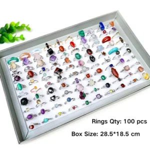 RENSINO Bulk Adjustable Natural Raw Gemstone Crystal Rings Healing Reiki Stone Jewelry Assorted Rings with Velvet Display