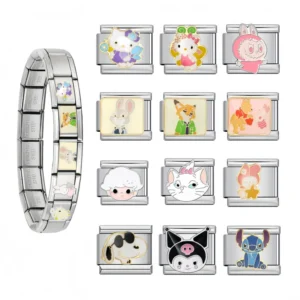 RENSINO Bulk DIY 9mm Cartoon Modular Cute Cartoon Series Stainless Steel Bracelet for Women Men Italian Charm Bracelet Gifts