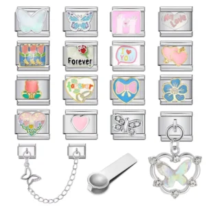 RENSINO Butterfly & Flower Themed Trendy Platinum Plated Modular Bracelet Charm Set Stainless Steel Enamel Beads Butterfly Safety Chain