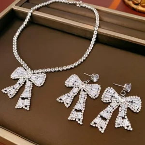 RENSINO Butterfly Knot Diamond Crystal Necklace Rhinestone Silver Jewelry Set