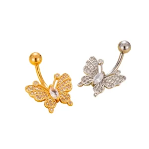 RENSINO Butterfly Navel Piercing Belly Ring Silver Plated Stainless Steel Zircon Cute Body Jewelry for Wedding Engagement Party Unisex