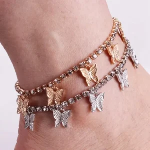 RENSINO Butterfly Stainless Steel Anklet Rhinestone Cuban Chain Foot Jewelry for Women Birthstone Anklets