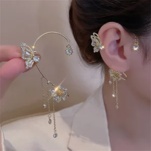 RENSINO Butterfly Tassel Style Zircon Clip Earrings