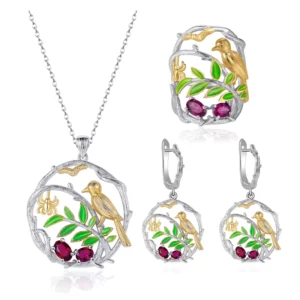 RENSINO C7926 Fashion Designs Natural Rhodolite Garnet 925 Sterling Silver Jewellery Wedding Set for Women