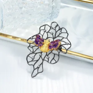 RENSINO C8357 Abiding Fine Jewelry Pear Cut 4X6mm Natural Amethyst Bee Women Brooches Jewelry 925 Silver Gemstone Brooch