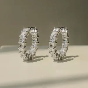 RENSINO CAOSHI Luxury Women’s Full Paved Princess Cut Square Crystal Zirconia Circle Earrings Wedding SIlver Plated Hoop Earrings Bridal