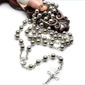 RENSINO CCB 8mm Silver White K Rosary Cross Rosary Necklace Religious Jewelry