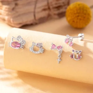 RENSINO CZ Paved Cat Bow Stud Earrings Pink Crystal Titanium Steel Cartilage Piercing Earrings Cute Animal Body Jewelry for Women