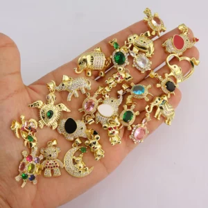RENSINO CZ9052 18k Gold Plated Multicolor CZ Cubic Zirconia Cute Bear Elephant Sea Turtle Animal Charm Pendant for Kids Necklace