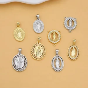 RENSINO CZ9338 18k Gold Silver Plated CZ Micro Pave Virgin Mary Virgen Our Lady of Guadalupe Medal Pendants Religious Jewelry Supplies