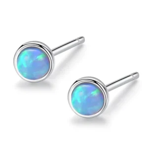 RENSINO CZCITY Round Opal Stud Earrings 925 Sterling Silver 4MM Round Fire Opal Stud Earrings