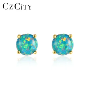 RENSINO CZCITY Round Shaped Blue Fire Opal 925 Silver Gemstone Rhodium Plated Women Opal Beaded Earrings