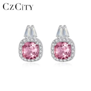 RENSINO CZCITY Square Zircon Earrings 925 Sterling Silver Women’S Party Jewelry Zircon Earrings Square Pink Diamond Earring