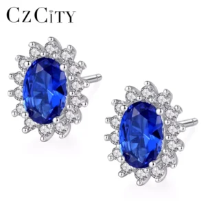 RENSINO CZCITY Unique Design Created Blue Sapphire Stud Earrings 925 Sterling Silver Fine Jewelry Statement Earring
