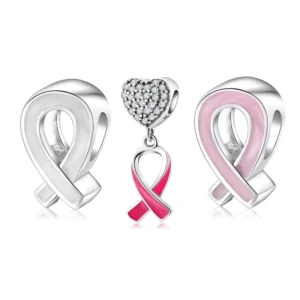 RENSINO Care Gift for Women Jewelry Platinum DIY Handmade Pink Ribbon S925 Silver Pendant Charms Fit for Bracelet