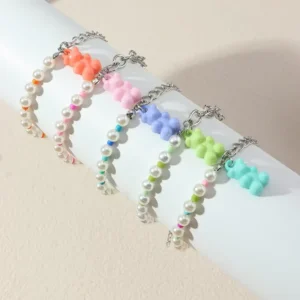 RENSINO Cartoon Cute Colorful Acrylic Jelly Bear Silver Chains Imitation Pearl Splice Rainbow Bear Bracelet for Children Women Girls