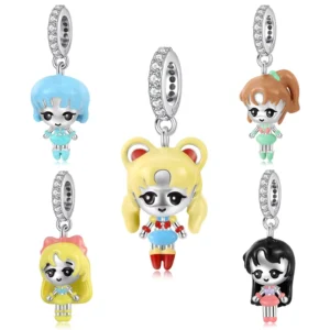 RENSINO Cartoon Pendant Authentic 925 Sterling Silver Enamel Magical Girl Charm Beads for Girl Women Snake Bracelet Jewelry Gift