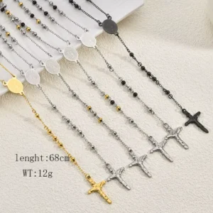 RENSINO Catholic Christian Bead Vintage Virgin Mary Religious Crucifix Stainless Steel Cross Pendant Fashion Jewelry Necklaces