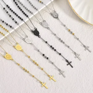 RENSINO Catholic Christian Beaded Virgin Mary Priest 18K Gold Plated Pvd Stainless Steel Cross Pendant Fashion Jewelry Necklaces